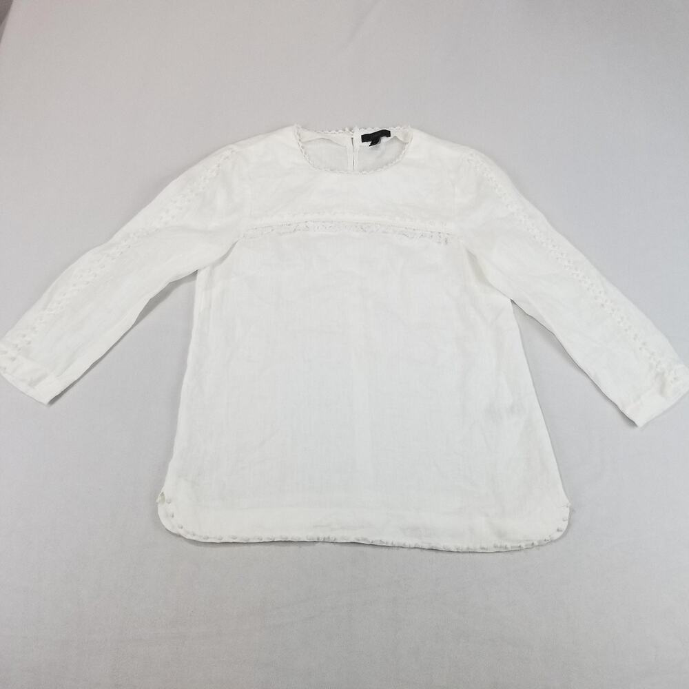 J.Crew Blouse Womens 2 White 100% Linen Crochet Fringe 3/4 Sleeve Top Boho